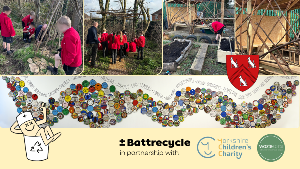 Collage of children in their new forest school along with a graphic of a battery and company logos